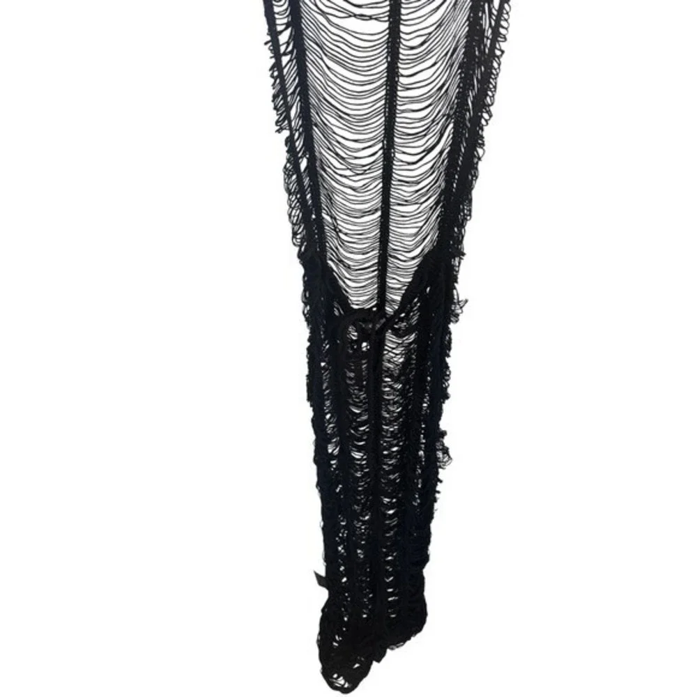 PrettyLittleThing Beach Dress Womens XXL Black Tassel Knit Plus Boho Distressed - Picture 6 of 13